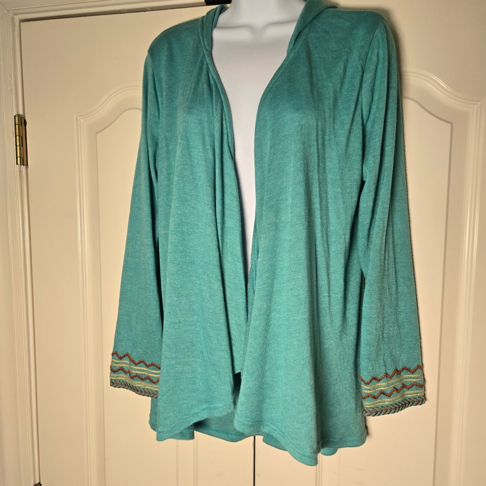 Umgee Teal Heathered Hooded Open Front Cardigan Boho Embroidered Cuffs Womens M